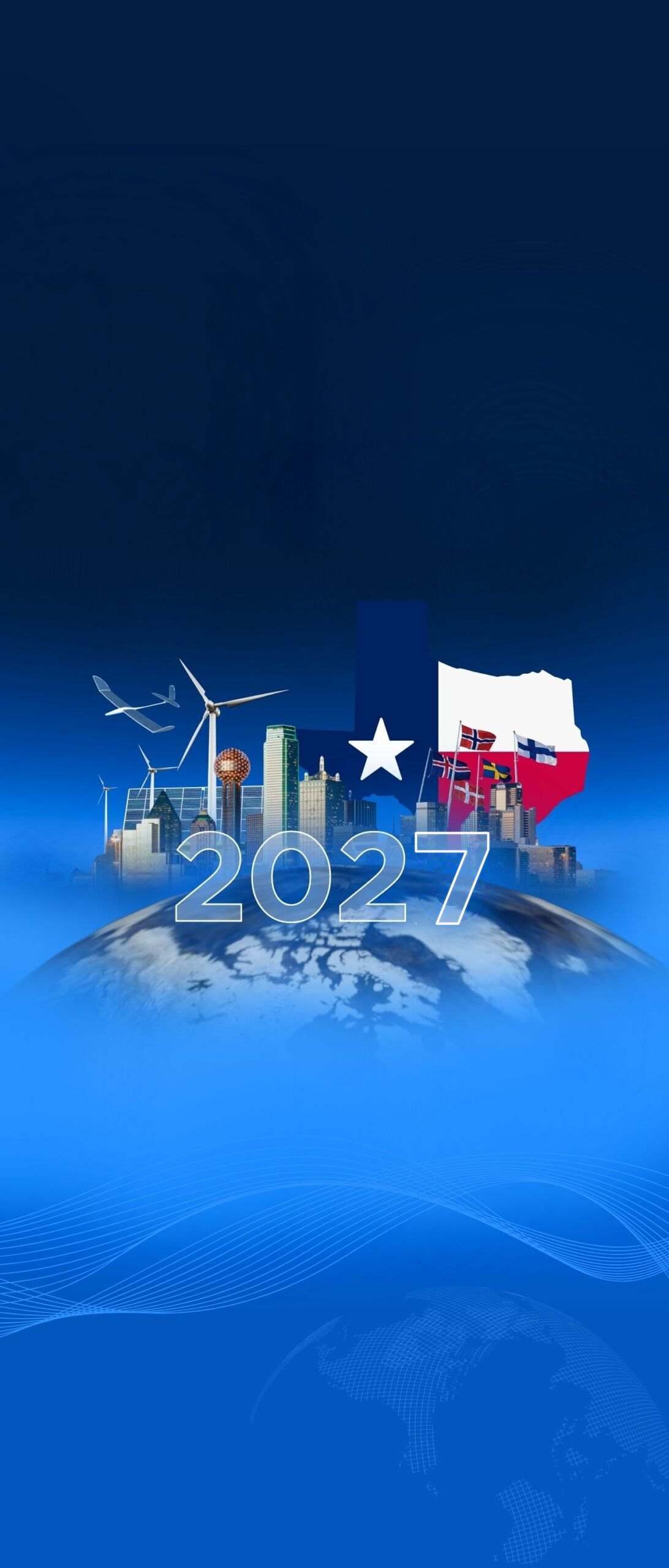 El planeta Tierra con el horizonte de Dallas y la bandera de Texas, de la Environmental Xperience en EarthX