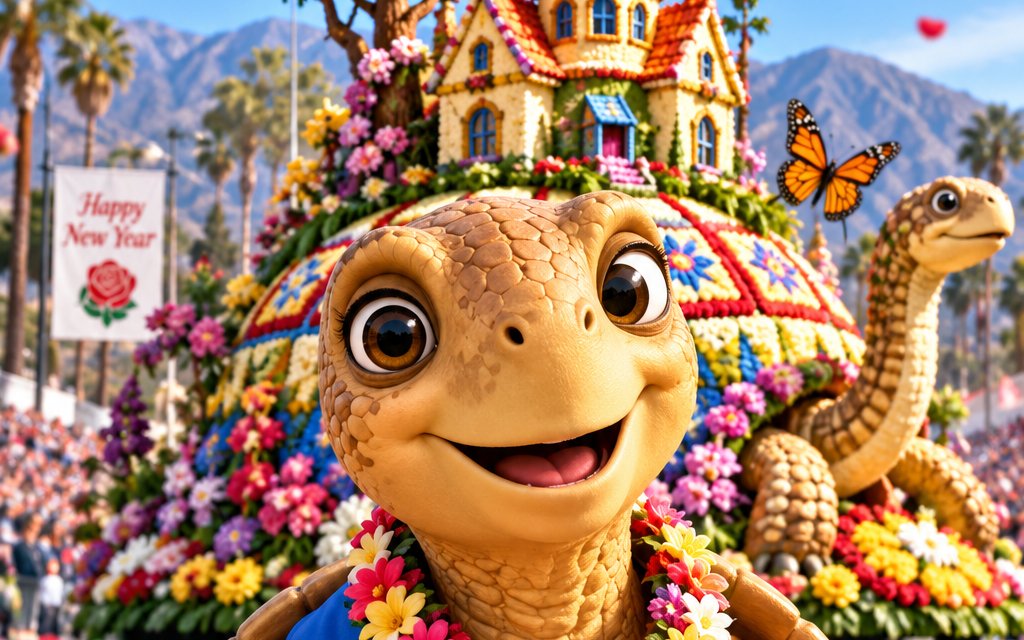 The smiling 2027 Rose Parade Tortoise in a flower lei, with the Rotary float behind it